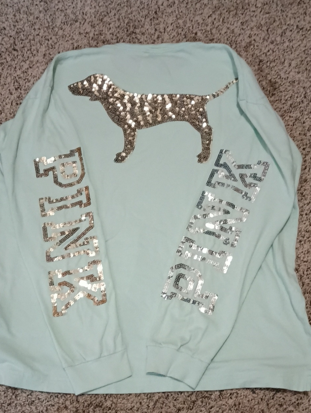 PINK Victoria's Secret Mint Long Sleeve Tee with Silver Sequin Dog